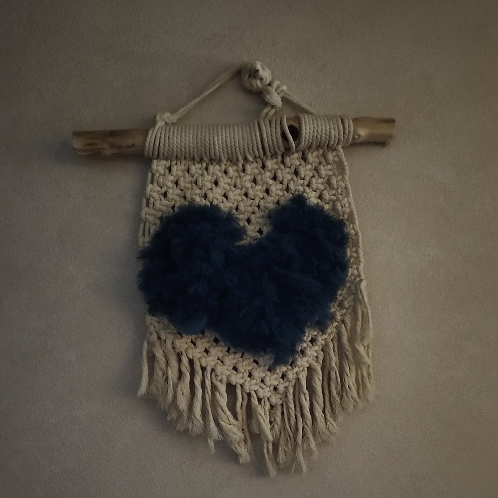 Handmade Macrame Wall Hanging with Blue Heart